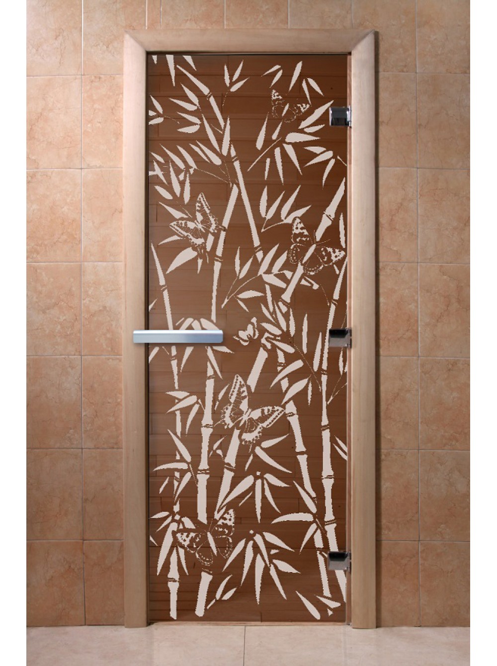 Дверь банная стеклянная «Бамбук и бабочки» (1800х800 мм, Стекло 8 мм, 3 петли, Коробка ольха, Левая)
