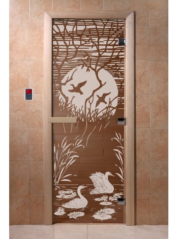Дверь банная «Лебединое озеро Бронза» (1800х800 мм, Стекло 8 мм, 3 петли, Коробка ольха, Левая)